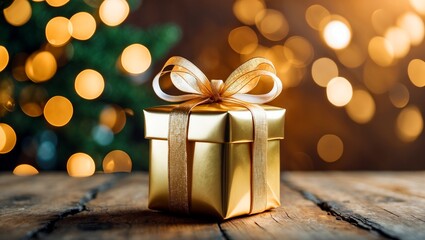 Elegant golden gift box on festive wooden surface