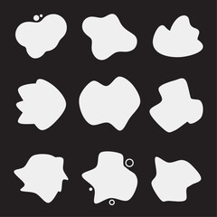 Abstract Fluid Blob Shapes Set, Modern Organic Liquid Elements, White Irregular Blobs on Black Background, Minimalist Abstract Design, Trendy Vector Illustration for Branding and Social Media