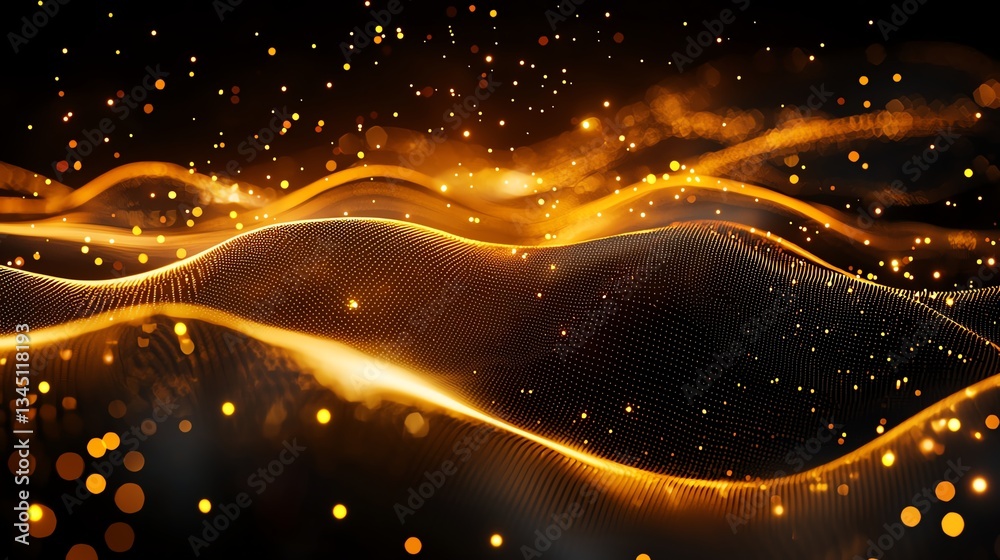 Poster a mesmerizing abstract background featuring waves of golden light and shimmering particles, creating