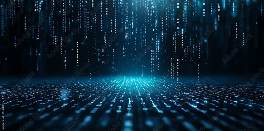 Poster a mesmerizing digital scene featuring cascading blue binary code against a dark backdrop, creating a