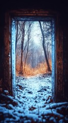 A winter forest scene seen through a wooden doorway frame