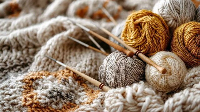 Crafting a cozy blanket with colorful yarn and knitting needles in a cozy environment