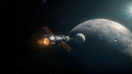 Obraz premium Spacecraft Near Moon In Dark Space