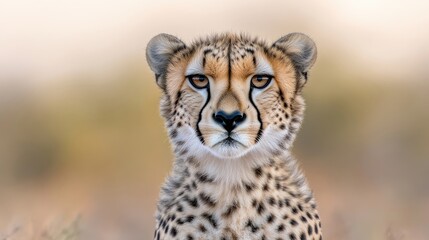 Obraz premium Close-up portrait of a cheetah. Focused, alert gaze of a wild cat. Natural habitat background