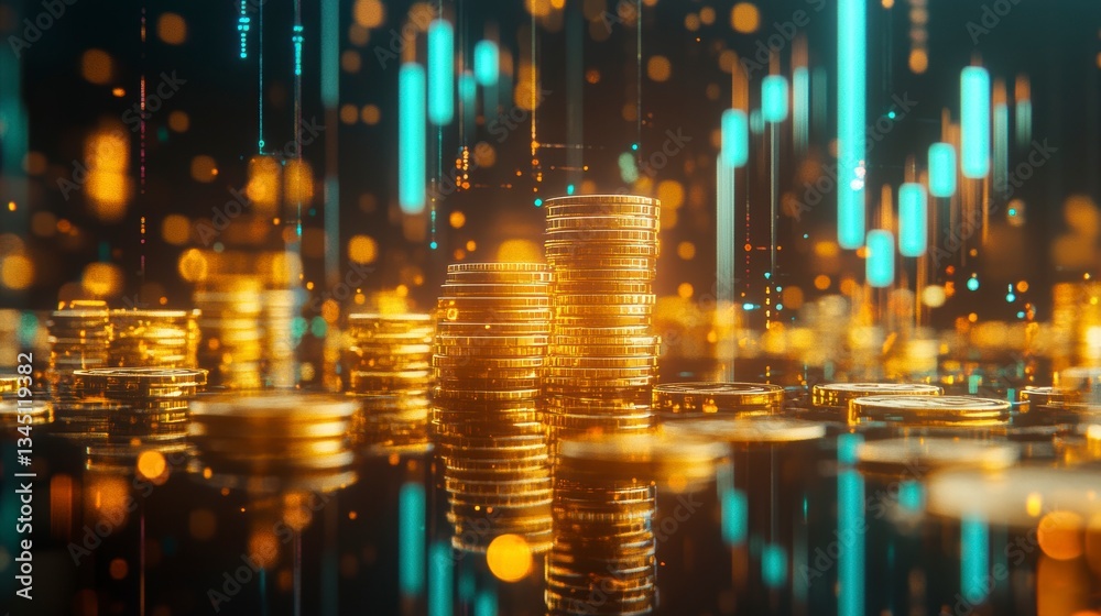 Poster gold coins stacks abstract digital financial growth. possible use stock photo