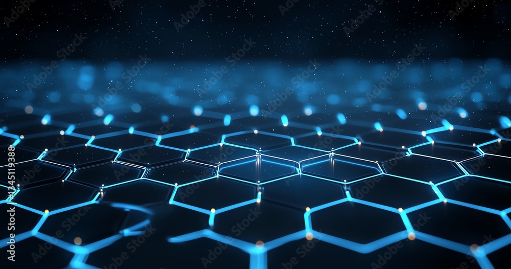 Poster a visually striking close-up of a futuristic hexagonal grid illuminated by bright blue lights, showc