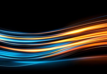 Naklejka premium A vibrant wave of blue and orange light flows gracefully across a black background, creating an energetic and dynamic visual. Perfect for backgrounds, designs, or digital art.