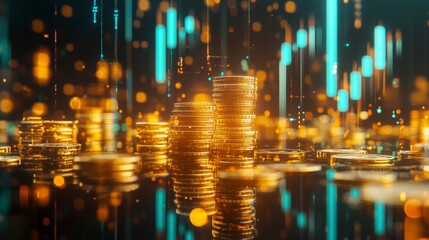 Gold coins stacks abstract digital financial growth. Possible use stock photo