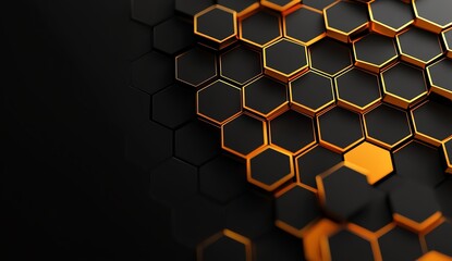 A visually striking close-up of a hexagonal pattern featuring shades of black and vibrant orange. Perfect for backgrounds, digital designs, and modern tech themes.