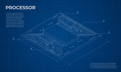 Isometric processor blueprint. Central processing unit or CPU. Computer hardware components. Semiconductor technology concept. Vector illustration