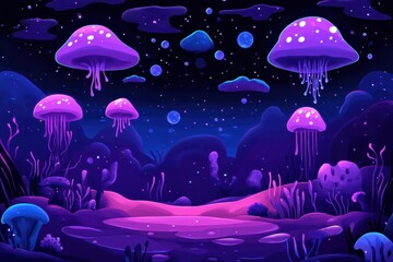 Luminous fantasy landscape featuring bioluminescent flora and celestial elements