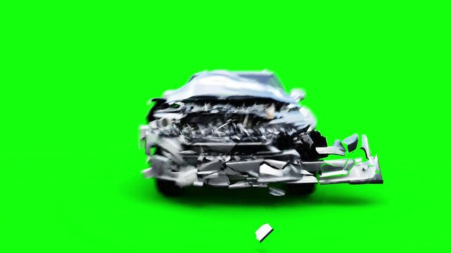 Generic 3d car crash test. Car destruction. Green screen isolate.