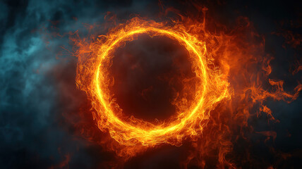 Fototapeta premium Vibrant fiery circular frame with glowing edges and smoke creating an intense dramatic backdrop
