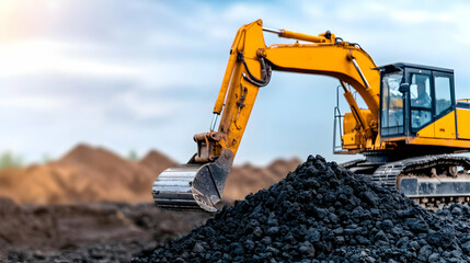 Yellow Excavator Loading Coal Pile At Construction Site