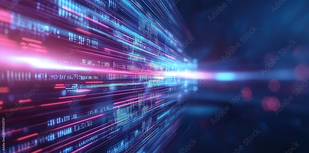 Poster an abstract representation of digital data flow, showcasing vivid light trails and code streams. per