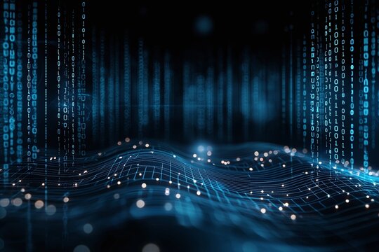 An abstract representation of digital data flow, showcasing streams of binary code against a dark background
