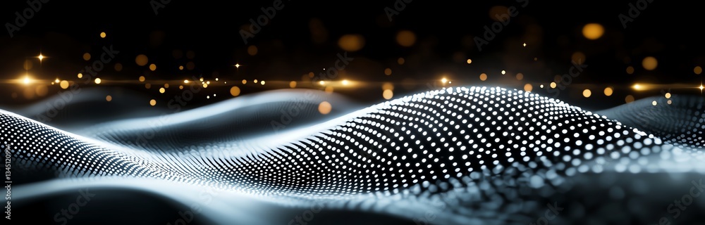 Aufkleber an abstract representation of flowing waves composed of glowing dots against a dark backdrop, creati