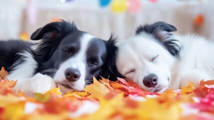Obraz premium Two Sleepy Border Collies in Autumn Leaves