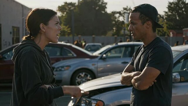 Una discusi&oacute;n entre dos personas tras un accidente de coche, con foco en la resoluci&oacute;n del siniestro y el impacto emocional en los involucrados.
