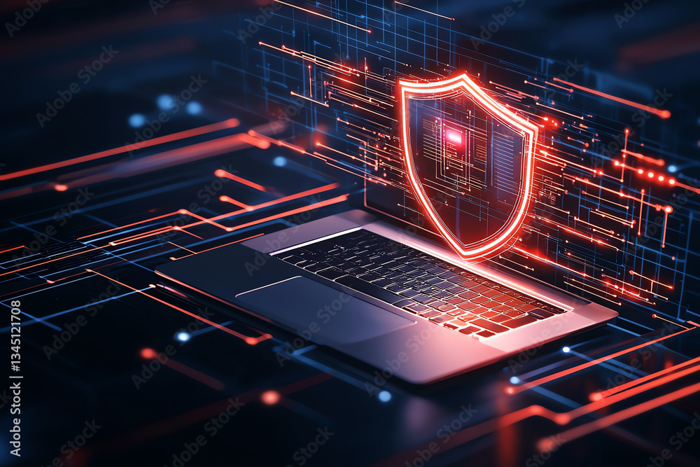 Poster laptop with glowing security shield symbolizing digital protection and cybersecurity. background fea