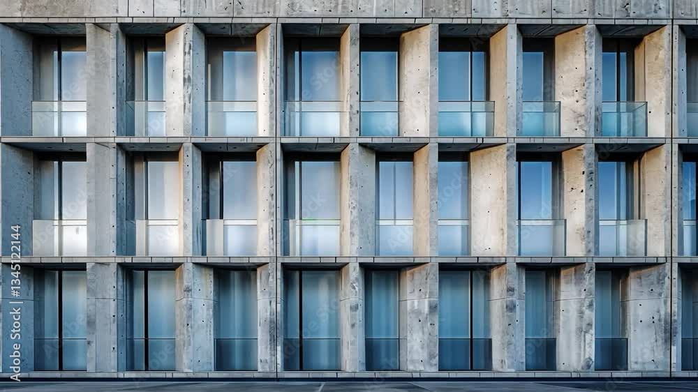 Poster modern architecture showcases concrete facade with large windows, emphasizing geometric patterns and
