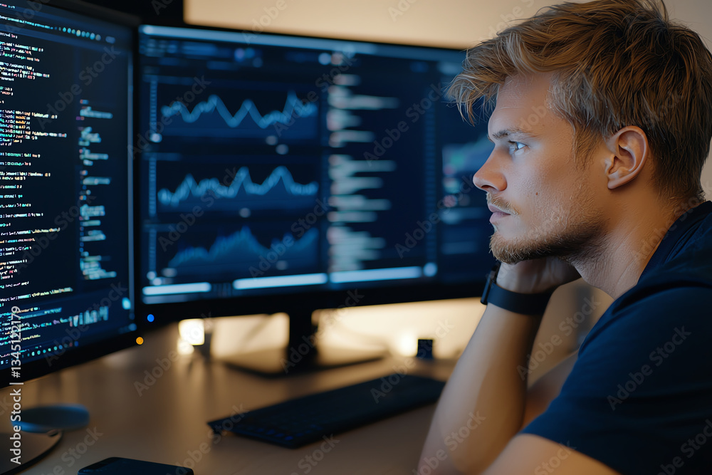 Aufkleber focused male programmer in casual attire analyzes data on multiple screens, surrounded by code and g