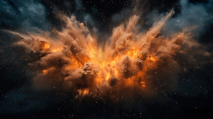 Abstract brown powder explosion isolated on a black background creating a dynamic, energetic effect