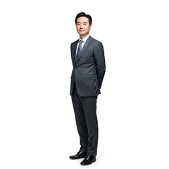 Confident professional portrait isolated on white background, showcasing assertiveness and sharp business attire.