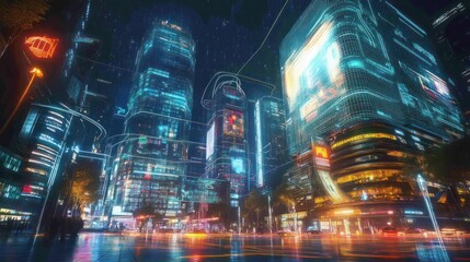 Obraz premium Futuristic city night view, interconnected buildings, illuminated street, potential use for technology-focused stock photography