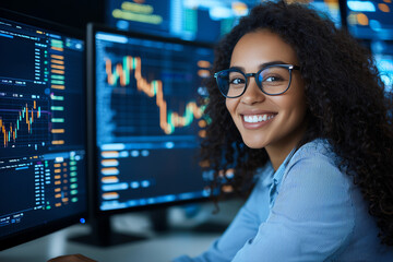 Fototapeta premium young woman with curly hair and glasses smiles while working at computer with financial charts and data on multiple screens, showcasing professional and engaging atmosphere