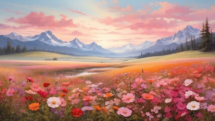 A vast meadow filled with vibrant wildflowers of pink, red, and orange hues.