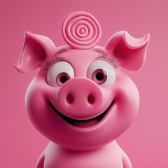 Fototapeta premium 3d render A cartoon pig, bright pink with large, expressive eyes, cheerful smile