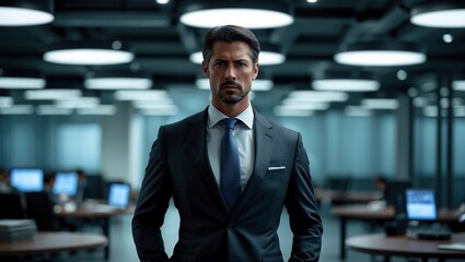 Focused businessman exuding leadership in dim office