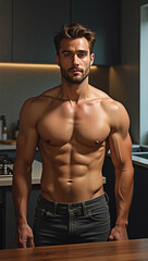 Fototapeta premium Realistic Painting of a Handsome Man Standing in a Cozy Modern Kitchen