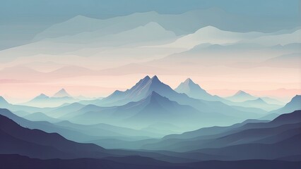 Watercolor-style painting of mountain ranges with mist covering the lower portions