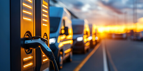 Electric vehicle charging station at sunset with multiple vans in background, showcasing modern transportation technology and sustainability