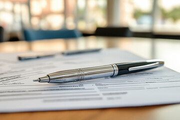 Fototapeta premium Close-up of a sleek pen resting on important documents in a well-lit workspace