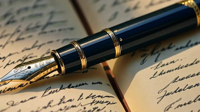 Elegant fountain pen resting on handwritten pages filled with calligraphy in warm lighting at a vintage desk