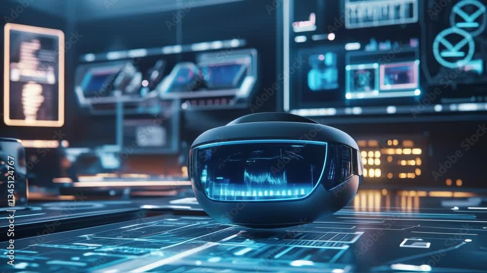 Poster virtual reality headset showcasing dynamic graphs and data visualization within a technologically ad