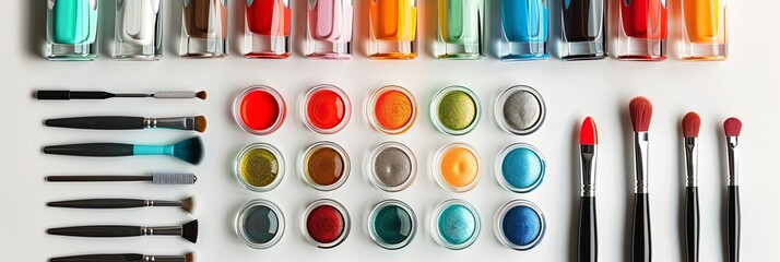 Colorful nail polishes and manicure tools arranged neatly on a light background showcasing vibrant shades for nail art enthusiasts Generative AI