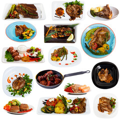 Set of dishes with cooked fried pork and beef with different vegetables and greens