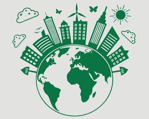 World Environment Day: Sustainable Cityscape on Earth Globe with Green Energy Elements.