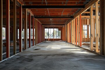 A building interior shows framing and structure under construction process