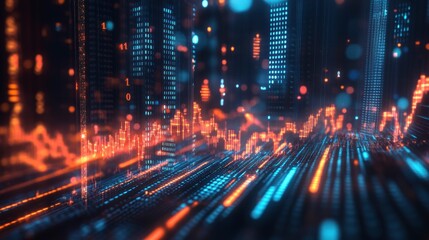Abstract cityscape with financial data visualization