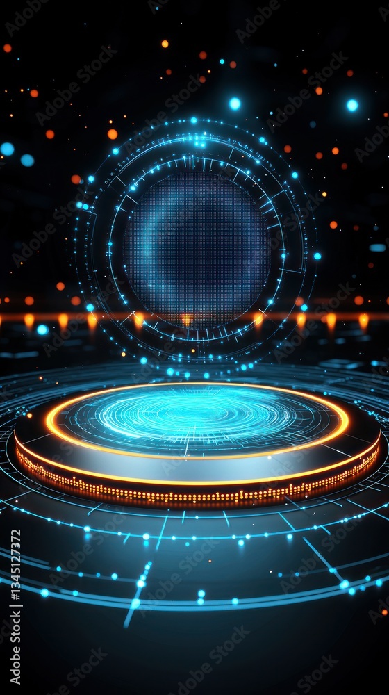 Wall mural futuristic stage platform with glowing circle design and digital grid background