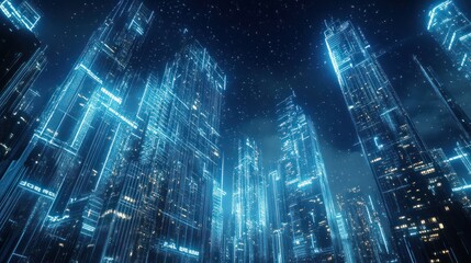 Obraz premium Futuristic city at night, glowing skyscrapers, starry sky, urban landscape, architectural scene, digital art, night view, cityscape