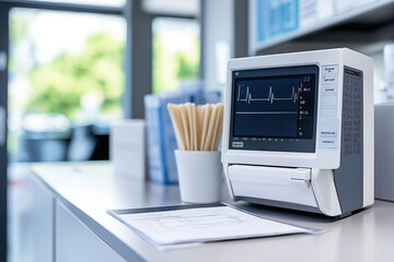 Advanced medical monitor displaying vital signs in a modern healthcare setting