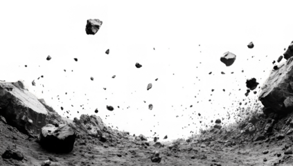 A close-up view of shattered concrete rubble and a dust cloud, isolated against a white background 
