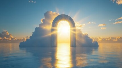 A beautiful archway bathed in sunlight on a reflective ocean
