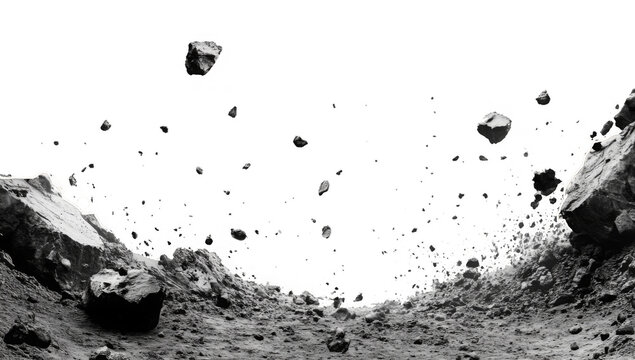 A close-up view of shattered concrete rubble and a dust cloud, isolated against a white background 
